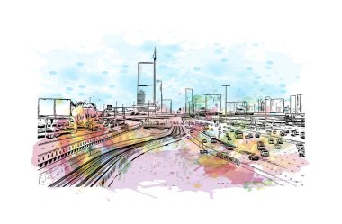 Print Building view of Dubai, Birleşik Arap Emirlikleri 'nde yer alan bir şehirdir. Vektör içinde elle çizilmiş çizim eşkali ile suluboya sıçraması.