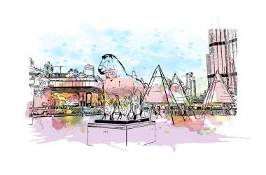 Print Building view of Dubai, Birleşik Arap Emirlikleri 'nde yer alan bir şehirdir. Vektör içinde elle çizilmiş çizim eşkali ile suluboya sıçraması.