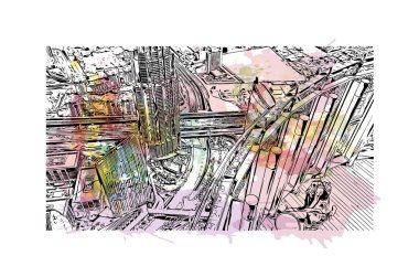 Print Building view of Dubai, Birleşik Arap Emirlikleri 'nde yer alan bir şehirdir. Vektör içinde elle çizilmiş çizim eşkali ile suluboya sıçraması.