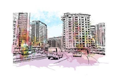 Print Building view of Dubai, Birleşik Arap Emirlikleri 'nde yer alan bir şehirdir. Vektör içinde elle çizilmiş çizim eşkali ile suluboya sıçraması.