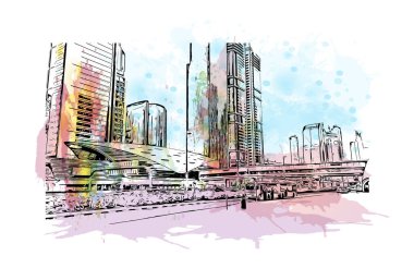 Print Building view of Dubai, Birleşik Arap Emirlikleri 'nde yer alan bir şehirdir. Vektör içinde elle çizilmiş çizim eşkali ile suluboya sıçraması.