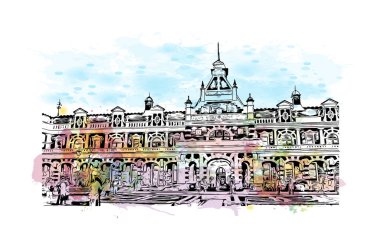 Print Building view with landmark of Dunedin, Yeni Zelanda 'da bir şehirdir. Vektör içinde elle çizilmiş çizim eşkali ile suluboya sıçraması.