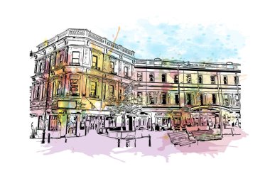 Print Building view with landmark of Dunedin, Yeni Zelanda 'da bir şehirdir. Vektör içinde elle çizilmiş çizim eşkali ile suluboya sıçraması.