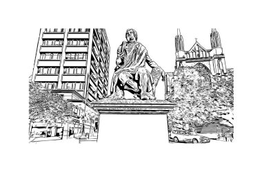 Print Building view with landmark of Dunedin, Yeni Zelanda 'da bir şehirdir. Vektörde elle çizilmiş çizim çizimi.