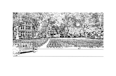 Print Building view with landmark of Dunedin, Yeni Zelanda 'da bir şehirdir. Vektörde elle çizilmiş çizim çizimi.