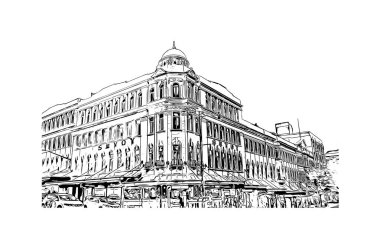 Print Building view with landmark of Dunedin, Yeni Zelanda 'da bir şehirdir. Vektörde elle çizilmiş çizim çizimi.