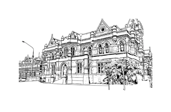 Print Building view with landmark of Dunedin, Yeni Zelanda 'da bir şehirdir. Vektörde elle çizilmiş çizim çizimi.