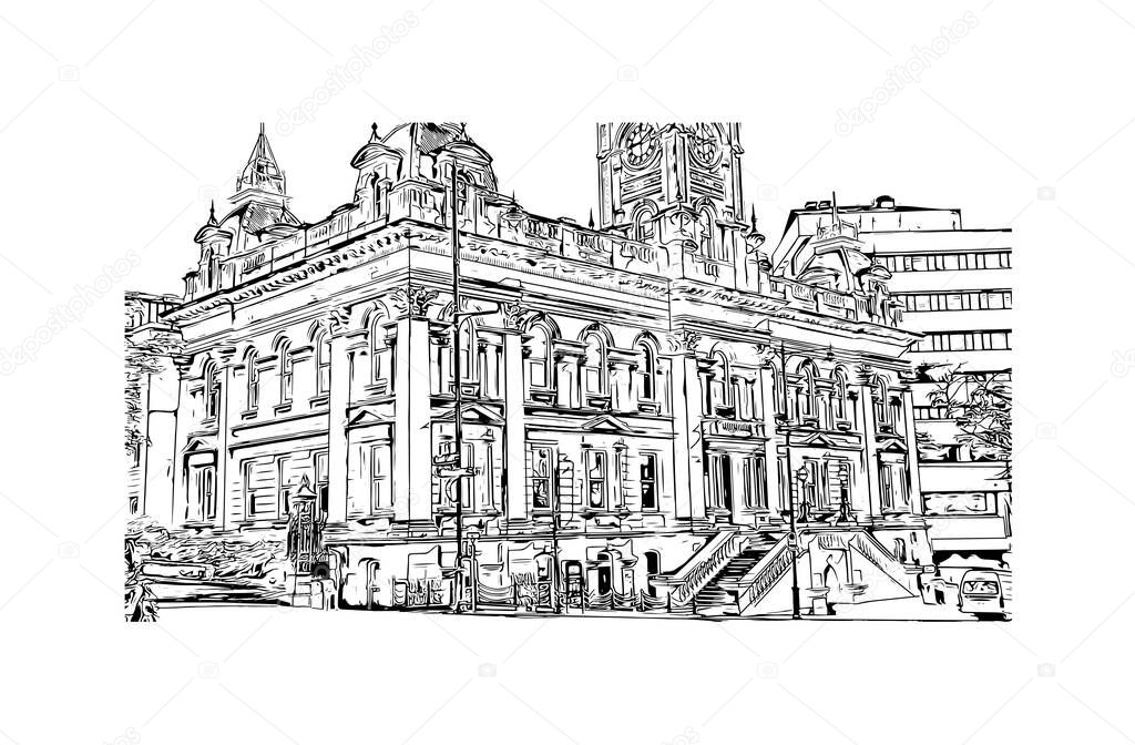 Print Building view with landmark of Dunedin is a city in New Zealand. Hand drawn sketch illustration in vector.