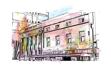 Print Building view with landmark of Dunedin, Yeni Zelanda 'da bir şehirdir. Vektör içinde elle çizilmiş çizim eşkali ile suluboya sıçraması.