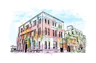 Print Building view with landmark of Dunedin, Yeni Zelanda 'da bir şehirdir. Vektör içinde elle çizilmiş çizim eşkali ile suluboya sıçraması.