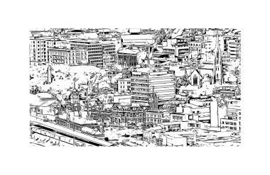 Print Building view with landmark of Dunedin, Yeni Zelanda 'da bir şehirdir. Vektörde elle çizilmiş çizim çizimi.