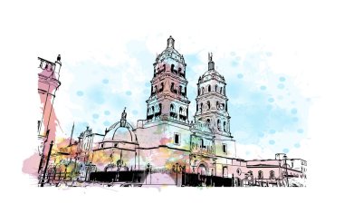 Print Building view with landmark of Durango is the capital city in Mexico. Watercolour splash with hand drawn sketch illustration in vector.