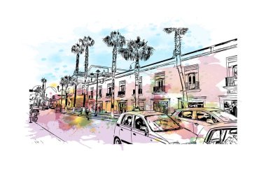 Print Building view with landmark of Durango is the capital city in Mexico. Watercolour splash with hand drawn sketch illustration in vector.