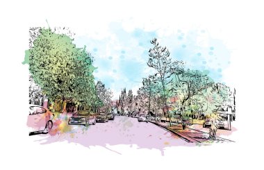Print Building view with landmark of Durango is the capital city in Mexico. Watercolour splash with hand drawn sketch illustration in vector.