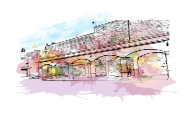 Print Building view with landmark of Durango is the capital city in Mexico. Watercolour splash with hand drawn sketch illustration in vector.