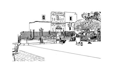 Print Building view with landmark of Durango is the capital city in Mexico. Hand drawn sketch illustration in vector.