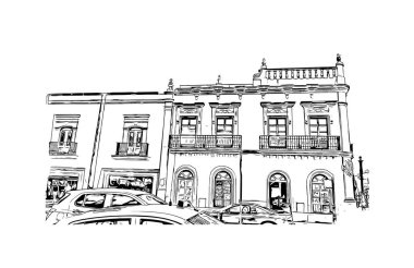 Print Building view with landmark of Durango is the capital city in Mexico. Hand drawn sketch illustration in vector.