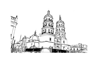 Print Building view with landmark of Durango is the capital city in Mexico. Hand drawn sketch illustration in vector.