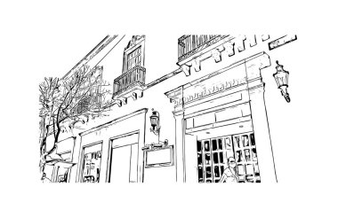 Print Building view with landmark of Durango is the capital city in Mexico. Hand drawn sketch illustration in vector.