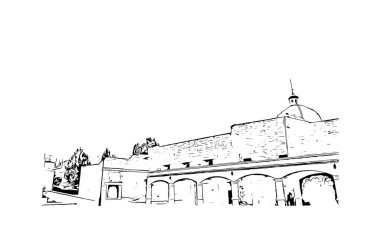Print Building view with landmark of Durango is the capital city in Mexico. Hand drawn sketch illustration in vector.