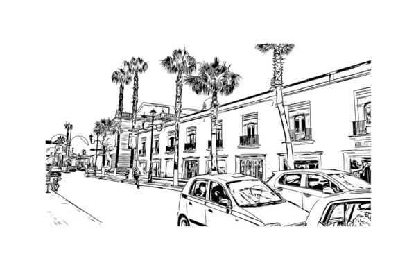 Print Building View Landmark Durango Capital City Mexico Hand Drawn — Vetor de Stock