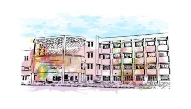 Print Building view with landmark of Durgapur is the city in India. Watercolour splash with hand drawn sketch illustration in vector.