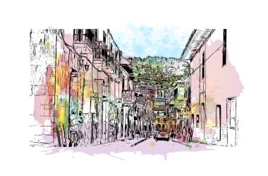 Print  Building view with landmark of Cusco is the city in Peru. Watercolour splash with hand drawn sketch illustration in vector.