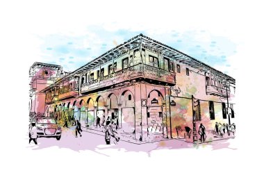 Print  Building view with landmark of Cusco is the city in Peru. Watercolour splash with hand drawn sketch illustration in vector.