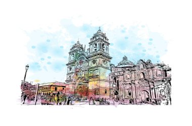 Print  Building view with landmark of Cusco is the city in Peru. Watercolour splash with hand drawn sketch illustration in vector.
