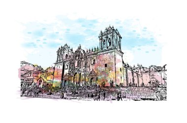 Print  Building view with landmark of Cusco is the city in Peru. Watercolour splash with hand drawn sketch illustration in vector.