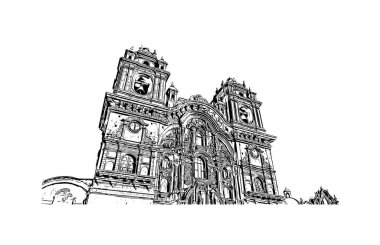 Print Building view with landmark of Cusco is the city in Peru. Hand drawn sketch illustration in vector.
