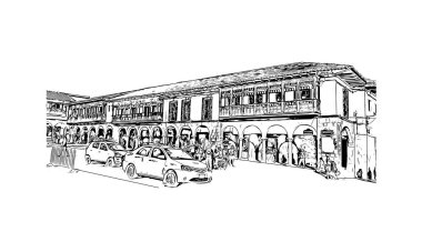 Print Building view with landmark of Cusco is the city in Peru. Hand drawn sketch illustration in vector.