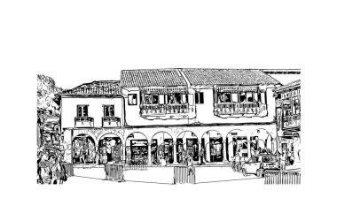 Print Building view with landmark of Cusco is the city in Peru. Hand drawn sketch illustration in vector.
