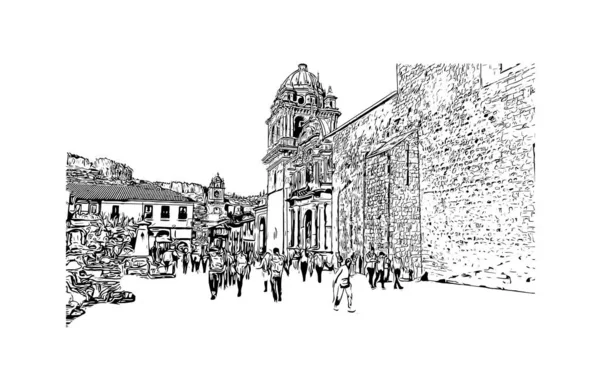 Print Building View Landmark Cusco City Peru Hand Drawn Sketch — Vector de stock