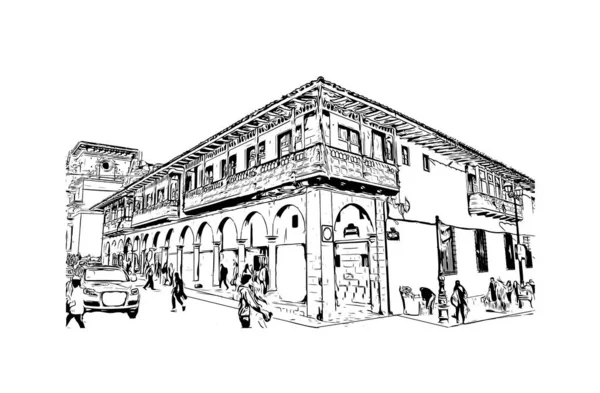 Печатать Здание Вид Ориентиром Куско Является Город Перу Ручной Рисунок — стоковый вектор