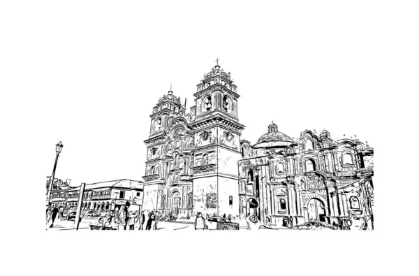 Print Building View Landmark Cusco City Peru Hand Drawn Sketch — Image vectorielle