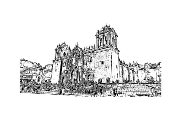 Print Building View Landmark Cusco City Peru Hand Drawn Sketch — Vetor de Stock