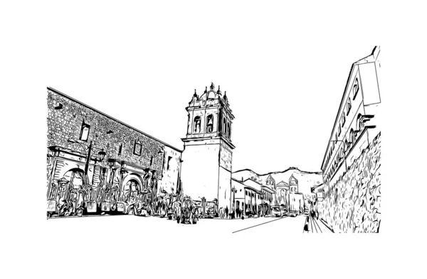 Print Building View Landmark Cusco City Peru Hand Drawn Sketch — Vettoriale Stock