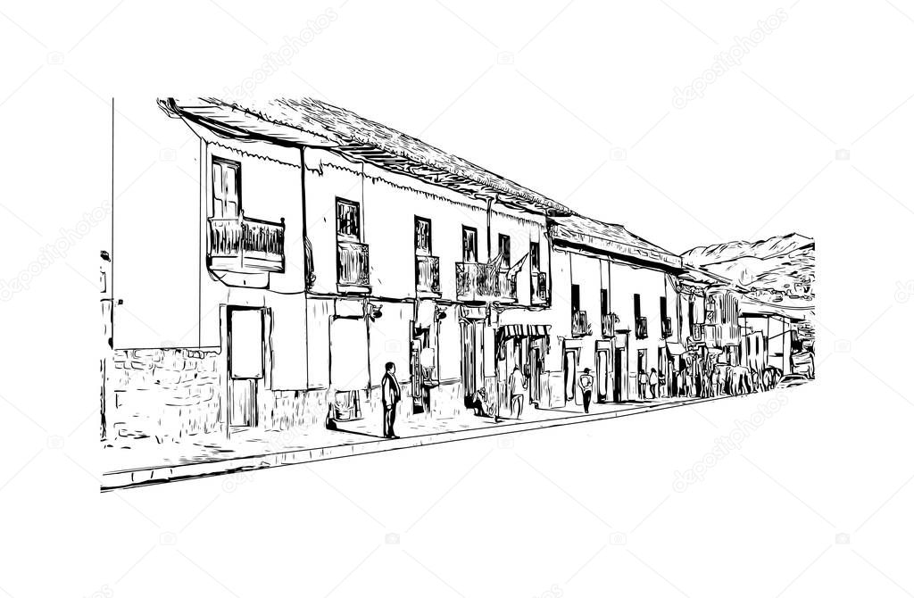 Print Building view with landmark of Cusco is the city in Peru. Hand drawn sketch illustration in vector.