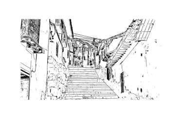 Print Building view with landmark of Cusco is the city in Peru. Hand drawn sketch illustration in vector.