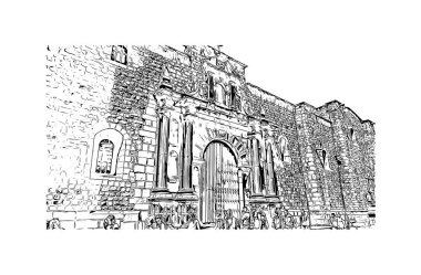 Print Building view with landmark of Cusco is the city in Peru. Hand drawn sketch illustration in vector.