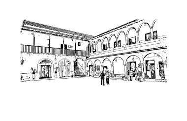 Print Building view with landmark of Cusco is the city in Peru. Hand drawn sketch illustration in vector.
