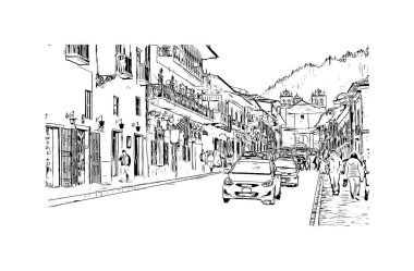 Print Building view with landmark of Cusco is the city in Peru. Hand drawn sketch illustration in vector.