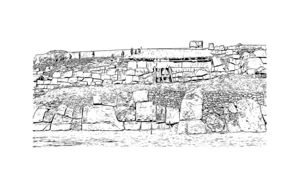 Print Building View Landmark Cusco City Peru Hand Drawn Sketch — Archivo Imágenes Vectoriales