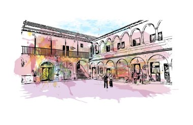 Print Building view with landmark of Cusco is the city in Peru. Watercolour splash with hand drawn sketch illustration in vector.