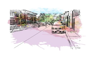 Print Building view with landmark of Cuernavaca is the lush capital of Mexico. Watercolour splash with hand drawn sketch illustration in vector.