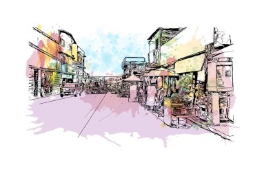 Print Building view with landmark of Cuernavaca is the lush capital of Mexico. Watercolour splash with hand drawn sketch illustration in vector.