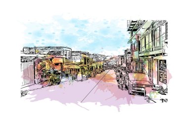 Print Building view with landmark of Cuernavaca is the lush capital of Mexico. Watercolour splash with hand drawn sketch illustration in vector.