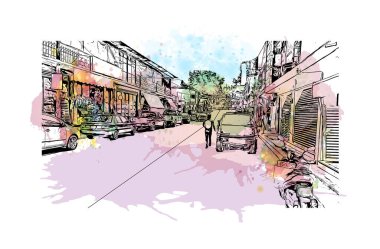 Print Building view with landmark of Cuernavaca is the lush capital of Mexico. Watercolour splash with hand drawn sketch illustration in vector.
