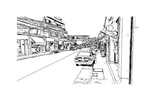 Print Building View Landmark Cuernavaca Lush Capital Mexico Hand Drawn — Archivo Imágenes Vectoriales